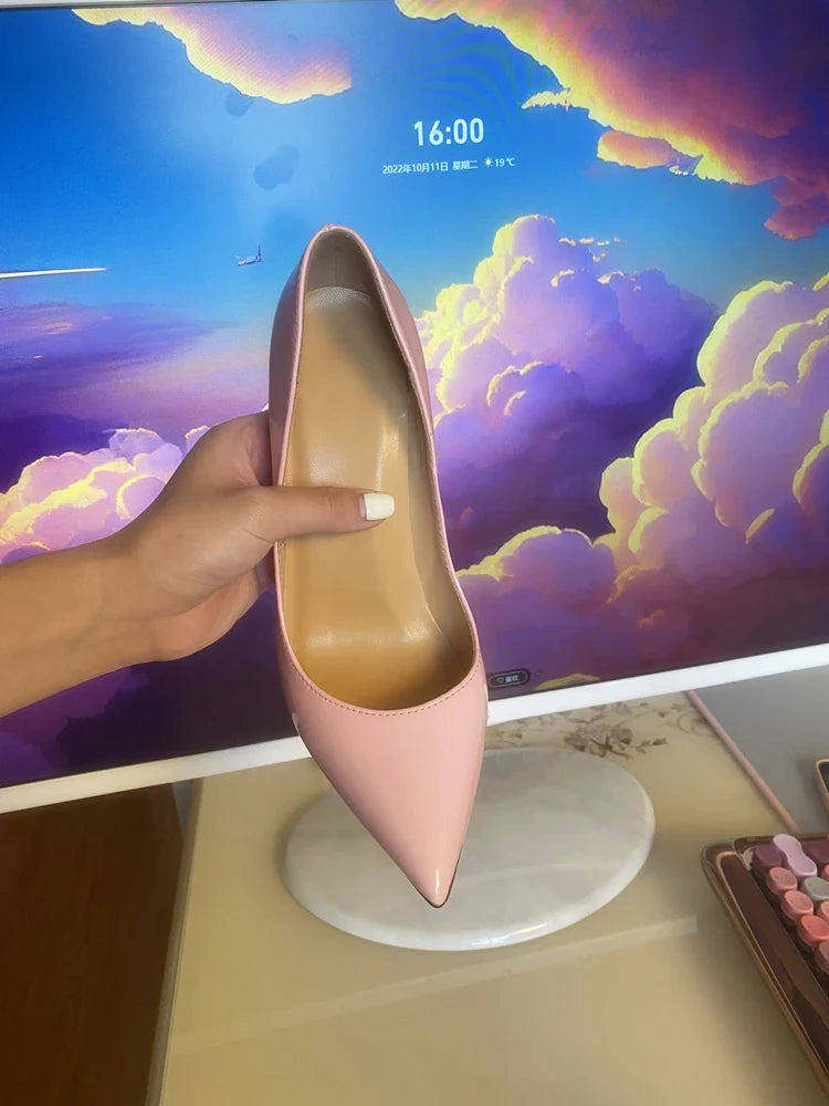Multi color customized 12cm super high heels, nude white patent leather, sexy red sole, pointed thin single order shoes