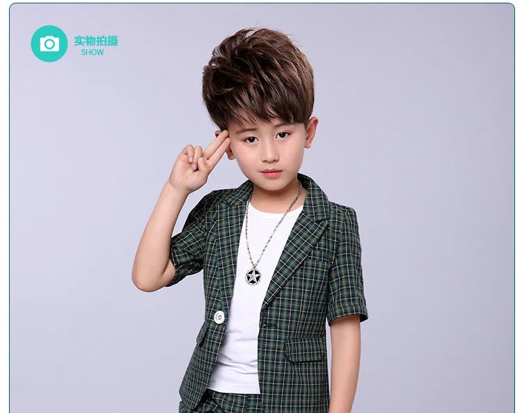 2022 Children Summer Formal Suit Boys Blazer+Shorts 2Pcs Photograph Set Kids Plaid Wedding Performance Dress Ceremony Costume