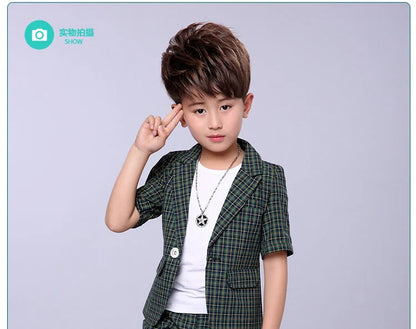2022 Children Summer Formal Suit Boys Blazer+Shorts 2Pcs Photograph Set Kids Plaid Wedding Performance Dress Ceremony Costume