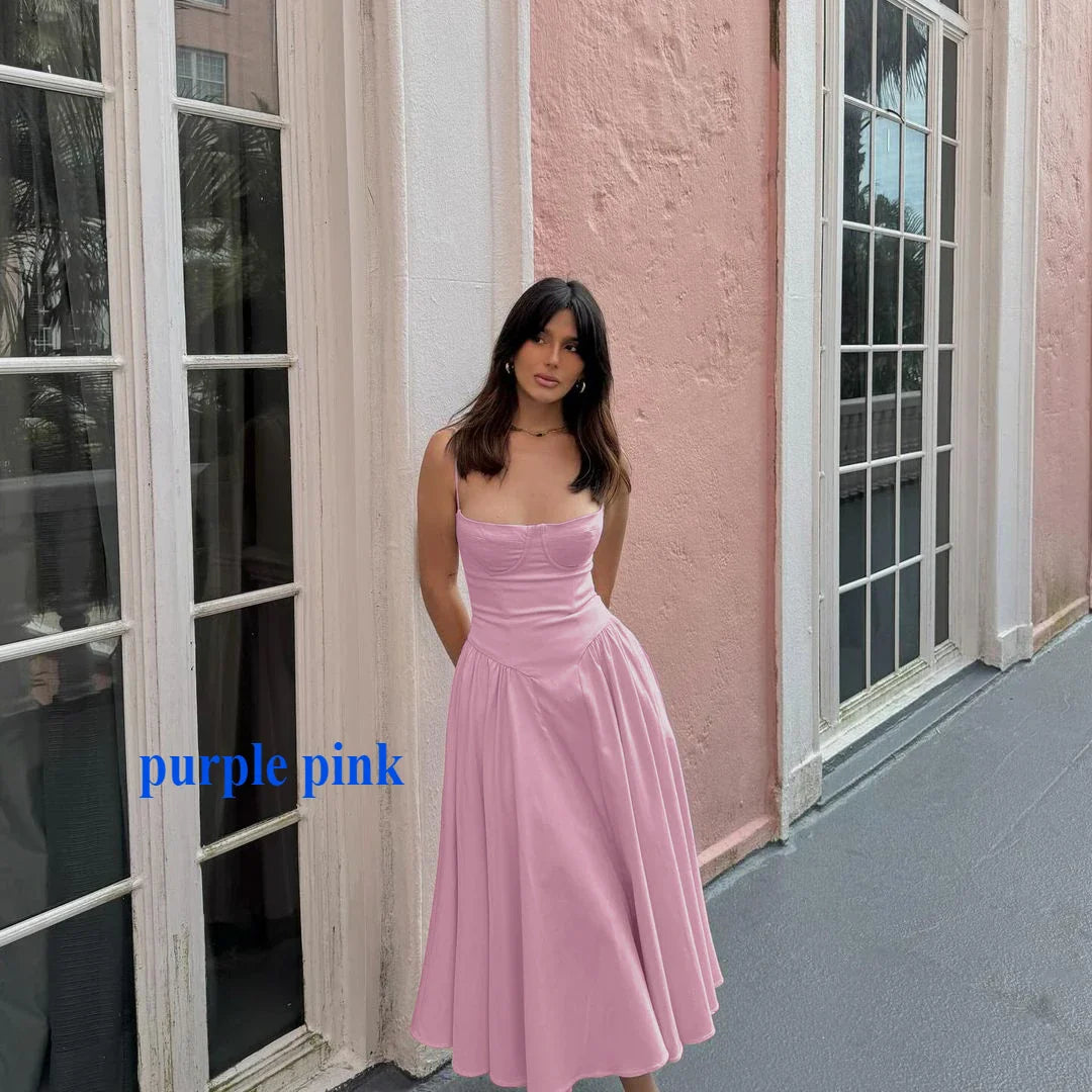 Elegant Spaghetti Strap Midi Dress Slim A Line Party Dresses Navy Blue Casual Birthday Holiday Dress Women's clothing