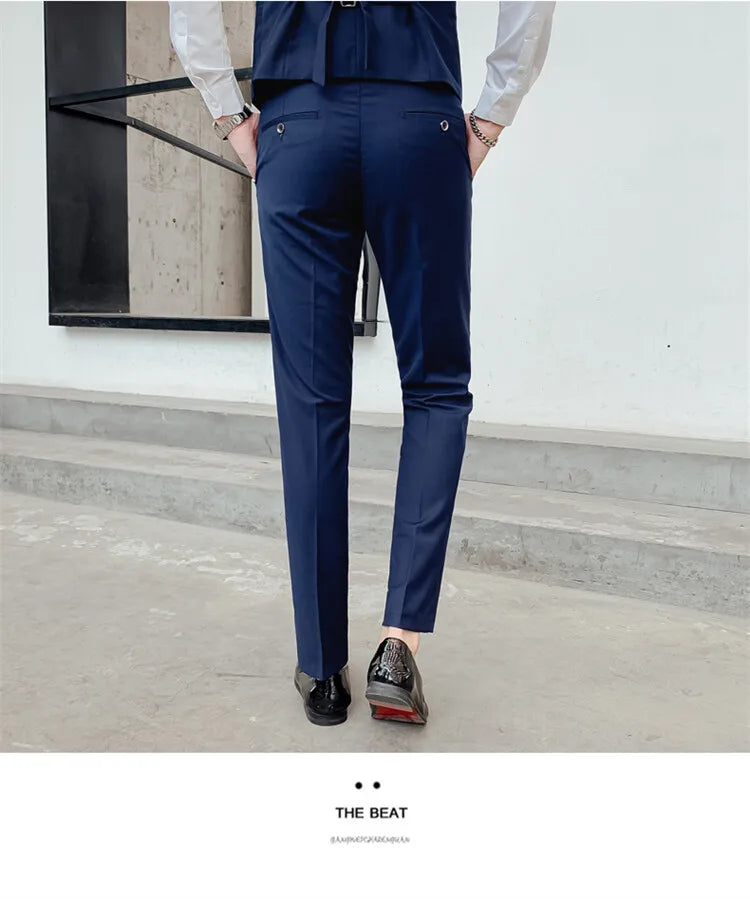 Solid Color Suit Men's Fashionable Gentleman Business Banquet Korean-style Formal Dress Casual Wedding (Blazer+Vest+Trousers)