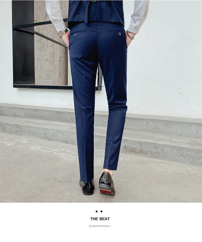 Solid Color Suit Men's Fashionable Gentleman Business Banquet Korean-style Formal Dress Casual Wedding (Blazer+Vest+Trousers)