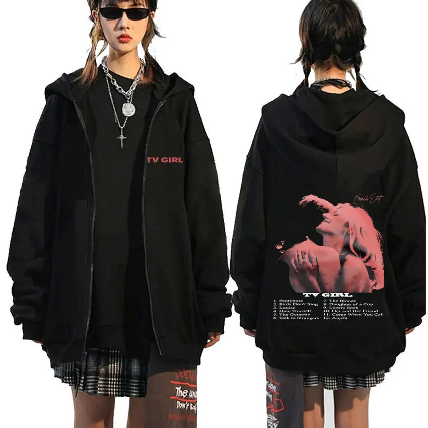 TV Girl Who Really Cares Graphic Print Zipper Hoodie Men Women Fashion Casual Oversized Zip Up Jacket Male Fleece Sweatshirts