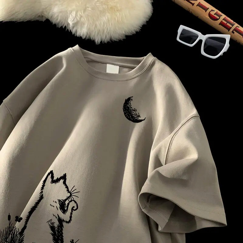 Men's T-shirts Oversized White Big Size 5XL Cotton T Shirt for Men Casual Summer Wear Cat Moon Print Tee Shirts Men Clothing