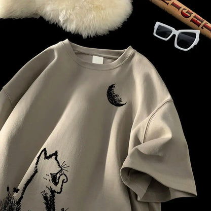 Men's T-shirts Oversized White Big Size 5XL Cotton T Shirt for Men Casual Summer Wear Cat Moon Print Tee Shirts Men Clothing