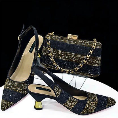 High Heels Shoes for Women Embroidery Rhinestone Italian Design Gold Color Pointed Toe Shoes and Bags Set Fashio