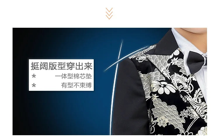 Children Formal Dress Kids Flower Jacket Pants Bowtie 3PCS  Piano Costume Boys Bronzing Show Host Handsome Photography Suit