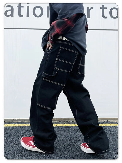 Retro Black Fashion Work Jeans Men Casual Straight-Leg Classic Work Denim Trousers Korean Brand Pant Men's Summer Pants