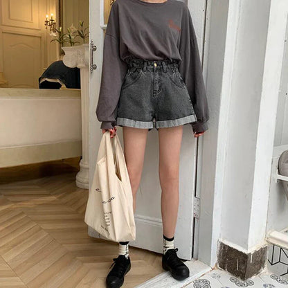 Summer High Waist Denim Shorts Women Casual Loose Ladies Fashion Plus Size Elastic Waist Wide Leg Short Jeans Female
