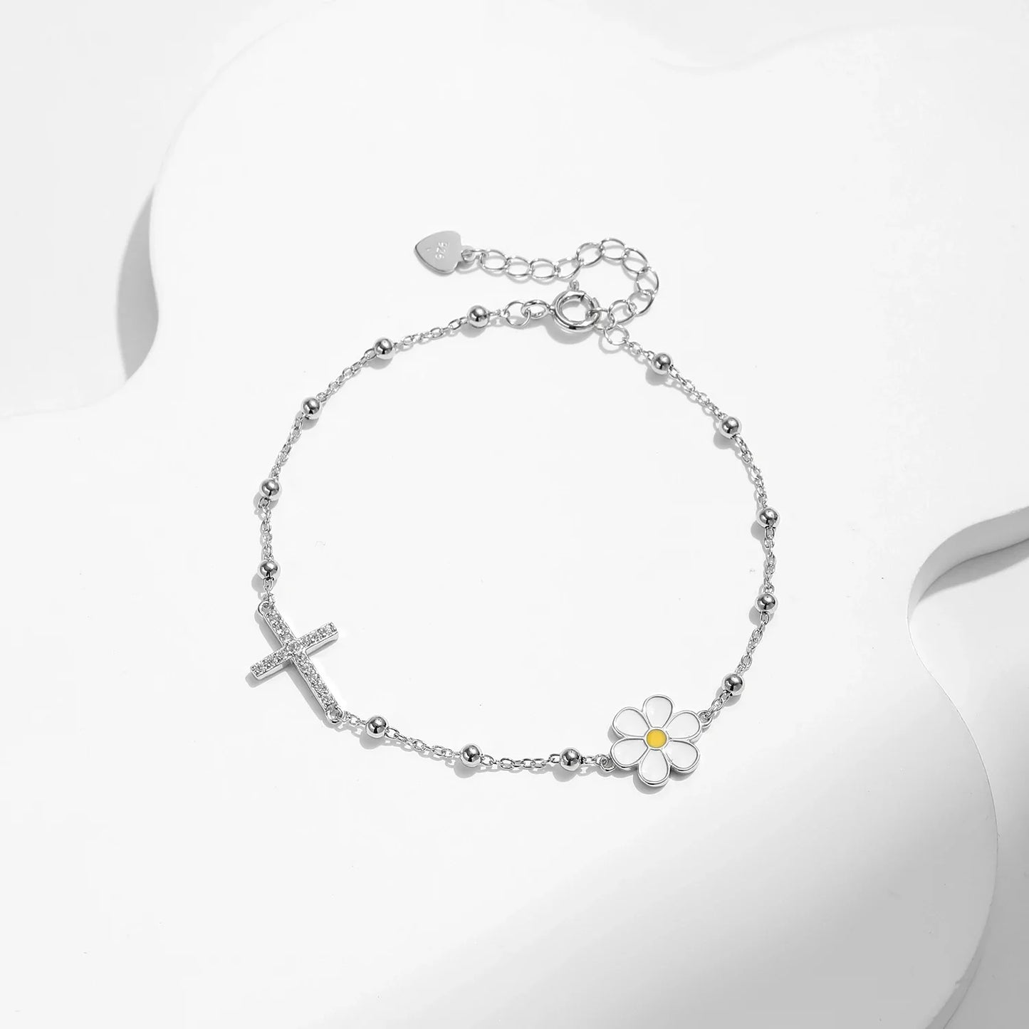 Enamel Daisy Bracelet 925 Sterling Silver Charm Cross & Flower CZ Beads Delicate Bracelets For Women Fine Jewelry