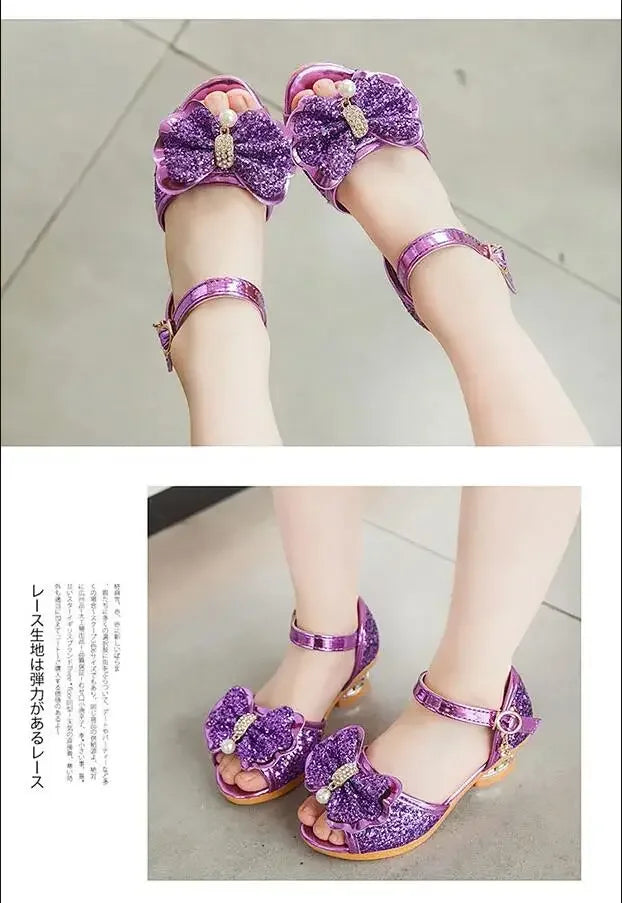 Girls Sandals Summer 2023  New Children's Princess Shoes Little Girls High-heeled Bow-knot Crystal Sandals Party Dress Wedding