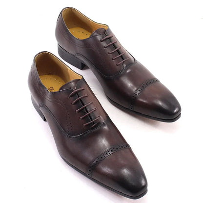 Genuine Leather Oxford Dress Shoes Men Lace Up Cap Toe Office Wedding Shoes Black Brown Brogue Pointed Oxfords Formal Shoes Men