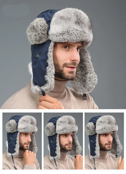 Russia Winter Real fur Hat Unisex Outdoor Windproof Super Warm Real Rabbit Fur Bomber Hats Natural Soft Natural Rabbit Fur Caps
