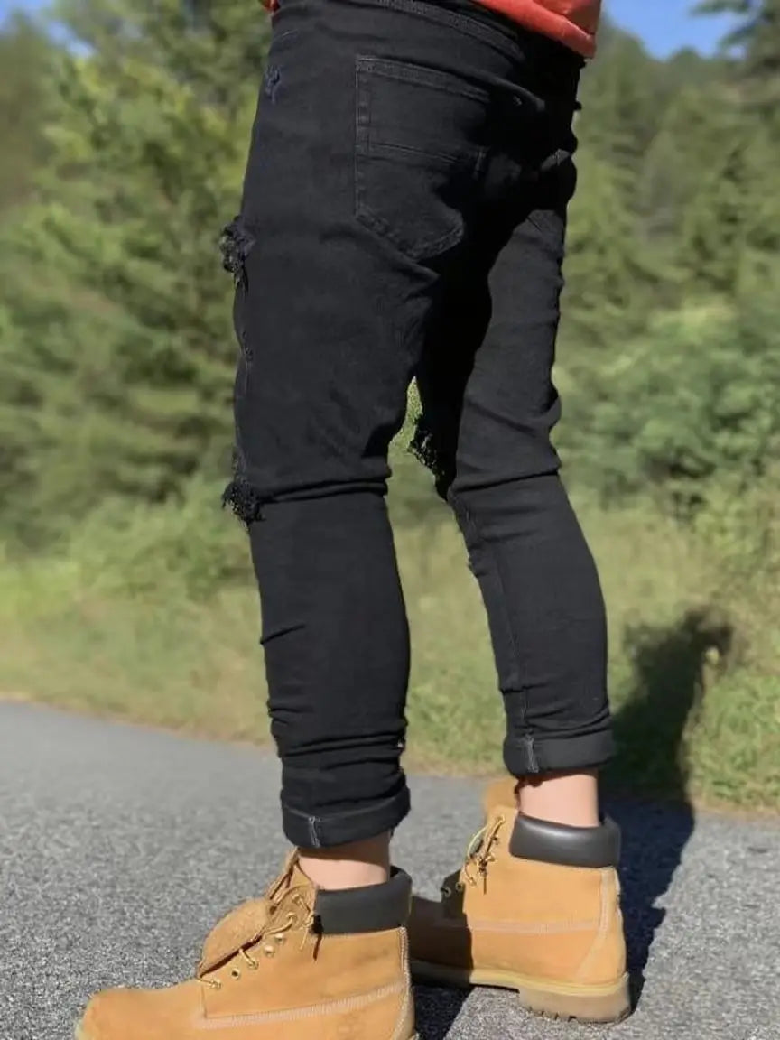 Men's Black Ripped Skinny Jeans - Distressed Hip-Hop Street Style, Lightweight Slim-Fit Denim Pants