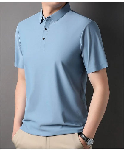 High quality wrinkle resistant ice silk short sleeve t-shirt men's summer Lapel loose casual solid color top high-end polo men