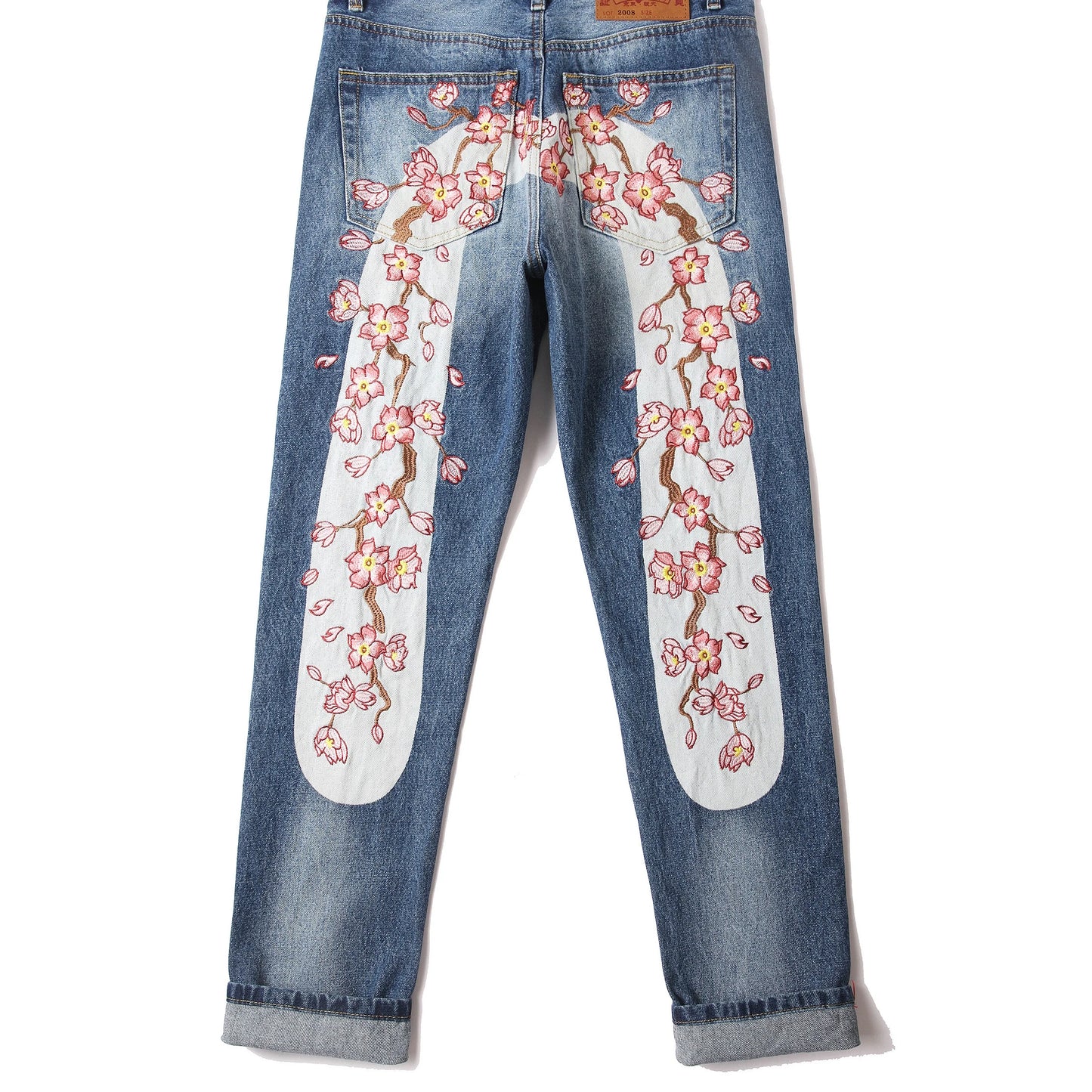 Men's Japanese Handmade Embroidered Cotton Jeans Straight Tube Slim Fit Hip-Hop Trousers Red Ear Detail Devil Big M Golden Text
