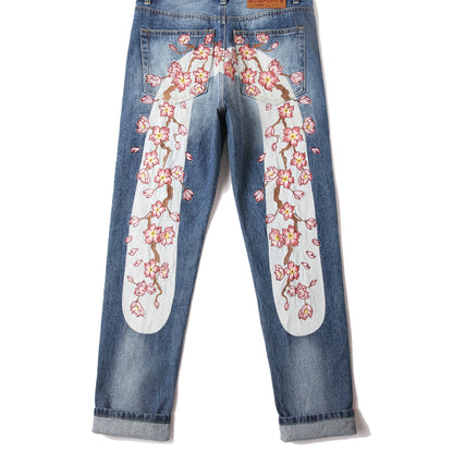 Men's Japanese Handmade Embroidered Cotton Jeans Straight Tube Slim Fit Hip-Hop Trousers Red Ear Detail Devil Big M Golden Text