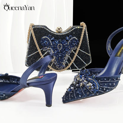 Purple Color Rhinestone Decoration Design Party Wedding Lady Pointed Toe High Heels and Bag Set