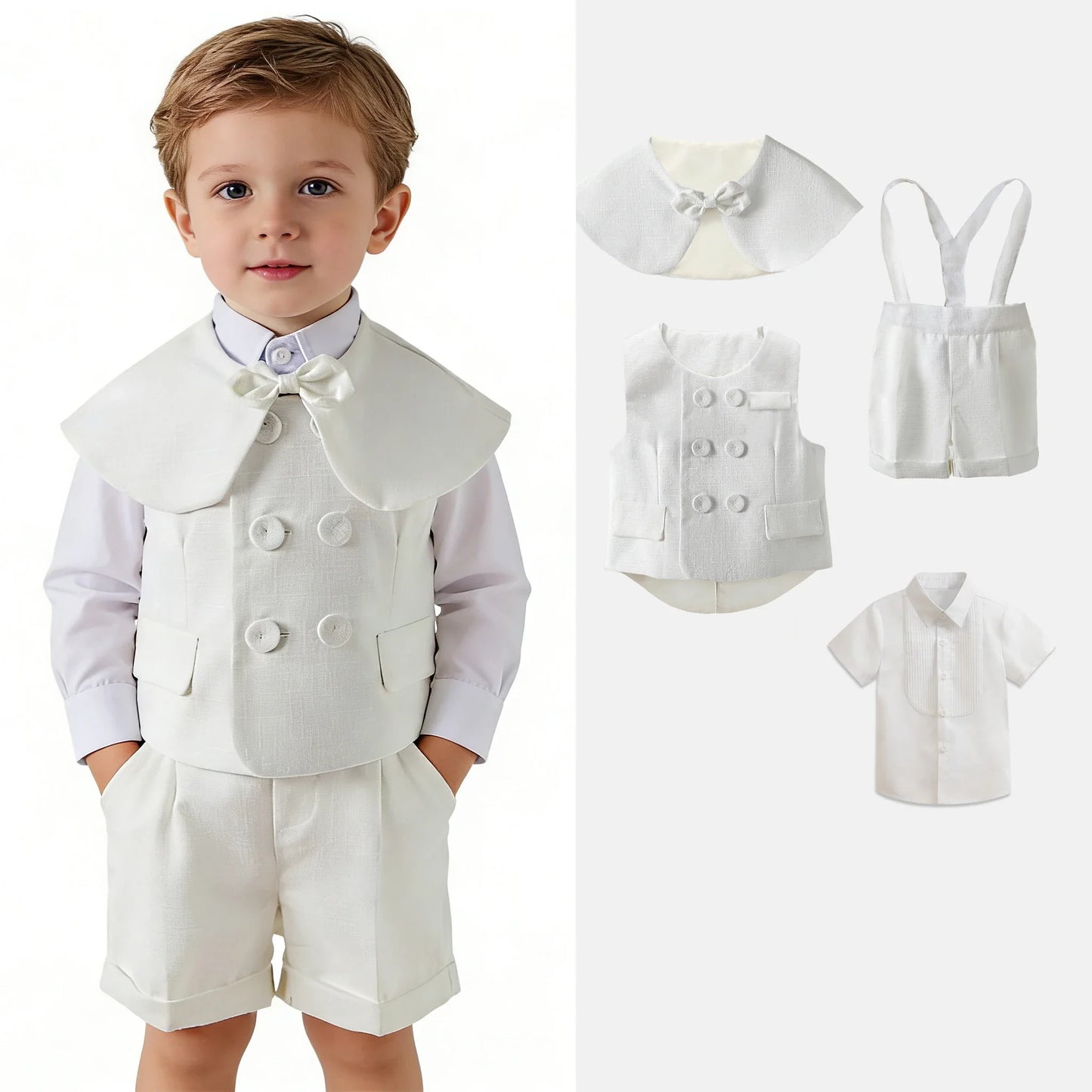 Boys White Linen Suit Set Summer Short Sleeve shawl  Vest & suspenders Shorts Gentleman Outfit for Wedding Party Occasions