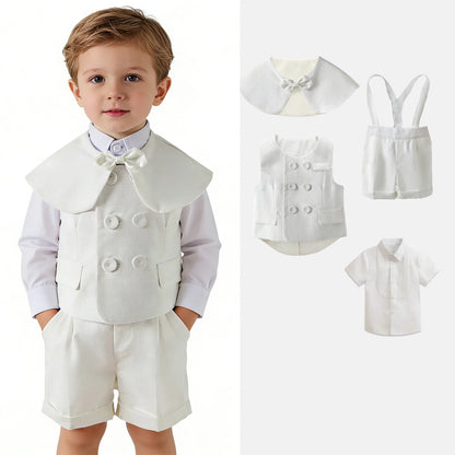 Boys White Linen Suit Set Summer Short Sleeve shawl  Vest & suspenders Shorts Gentleman Outfit for Wedding Party Occasions