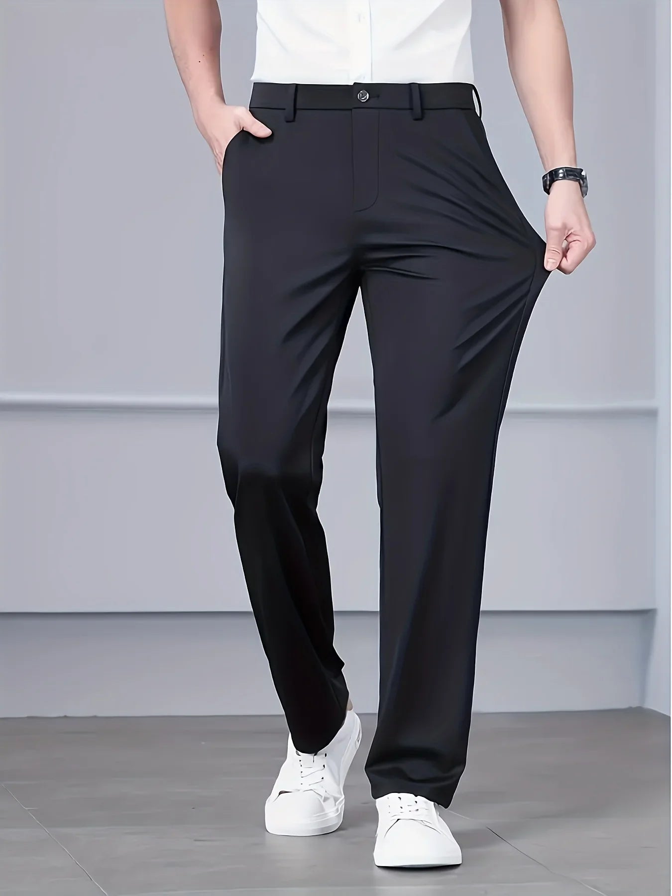 Men's Business Casual Suit Pants Stretch Straight Leg Black Lightweight Breathable Formal Office Work Trousers All Seasons