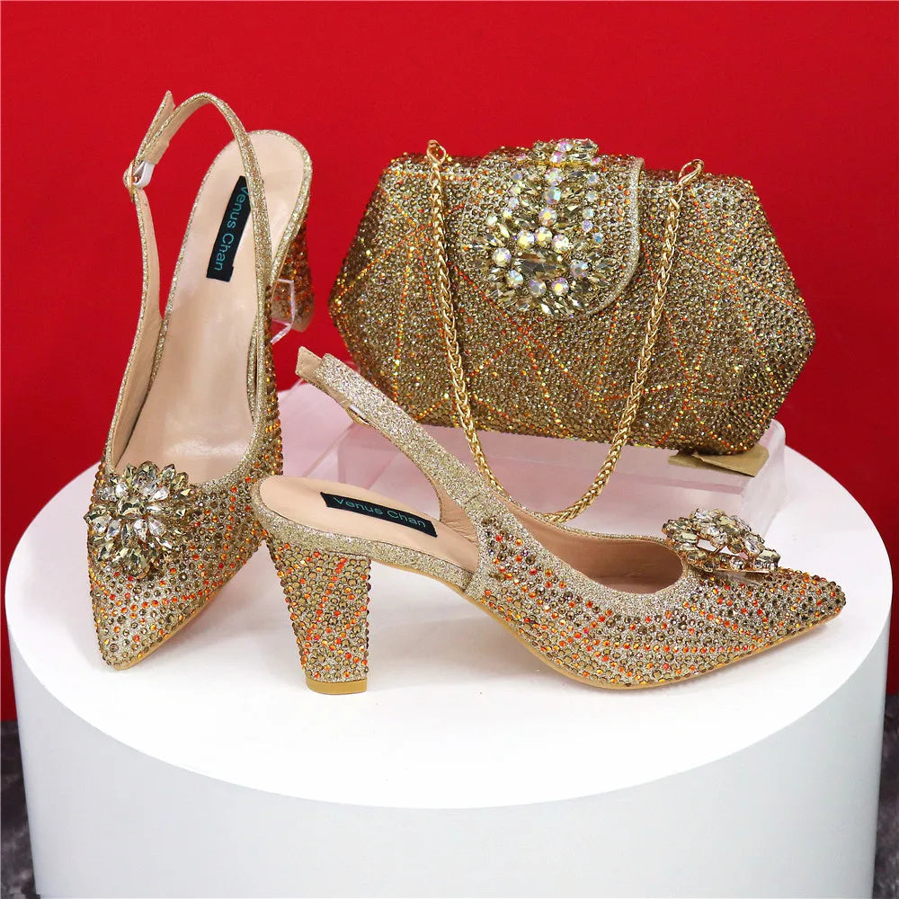 Sandals Fashion Italian Shoe and Bag Set for Party In Women Nigerian Women Wedding Shoes and Bag Set Decorated with Rhinestone