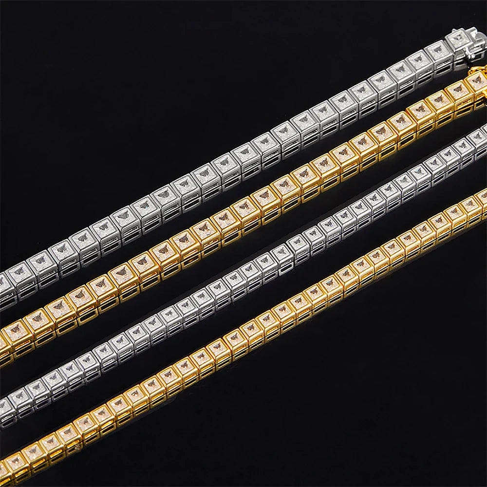 3/4mm Princess Cut  Moissanite Tennis Bracelets for Women Men 925 Silver Square Diamond Bezel Set Unisex BraceletCertified