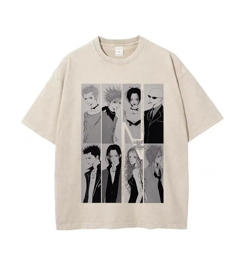 Japanese Anime Nana Osaki Print Vintage Washed Tshirt Harajuku Streetwear Graphic T-Shirt Summer Short Sleeve Cotton Tshirt