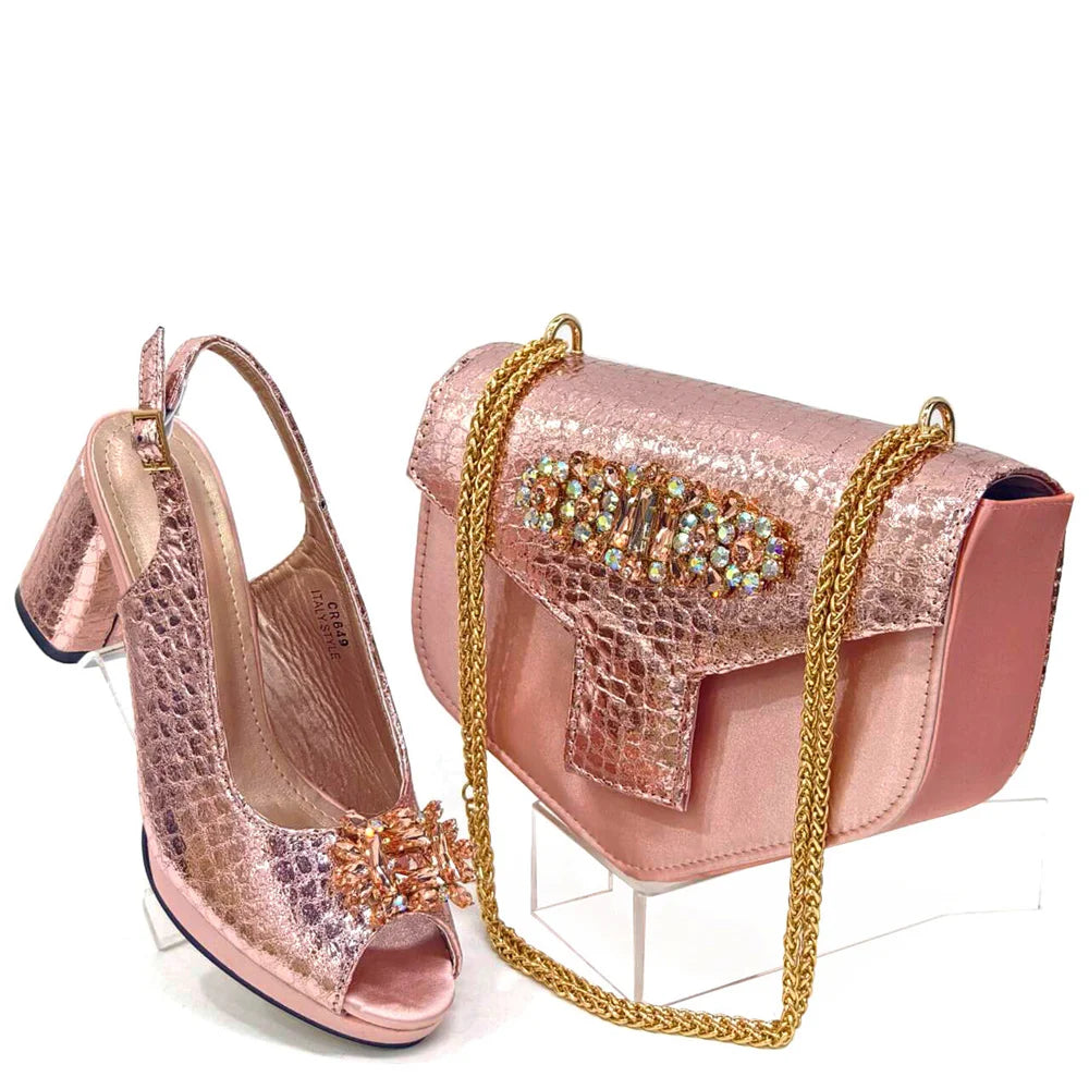 Gold Color Nigeria Fashion Rhinestone-encrusted Ladies Party Shoes And Special Bag High Heels Wedding Handbag