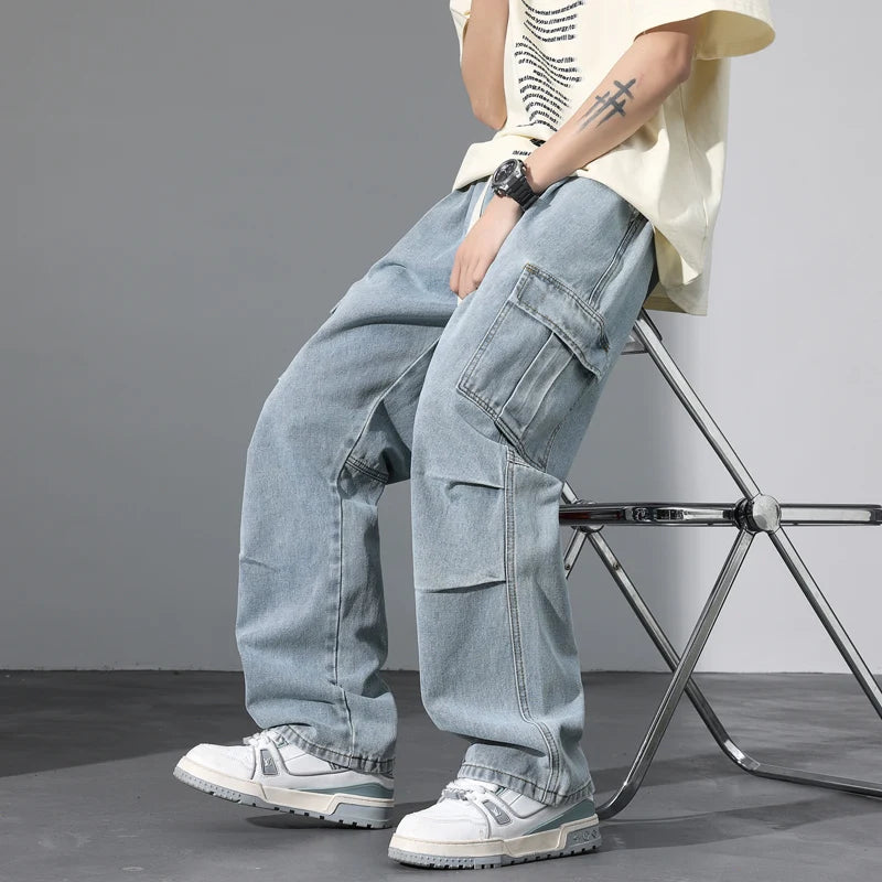 Large Pocket Baggy Solid Jeans Men's 2026 New Spring Classic Straight Denim Trousers Street Y2K Elastic Waist Casual Cargo Pants