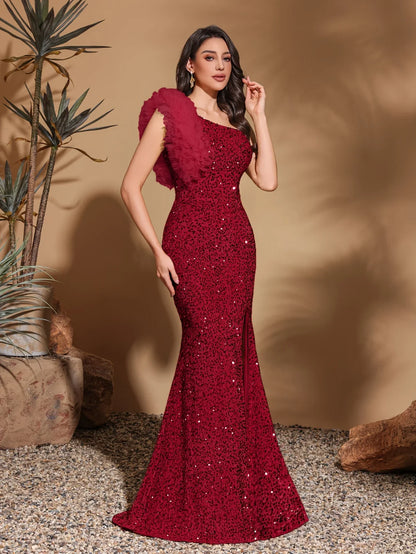 Sequined off-shoulder mesh splicing decorated slit dress
