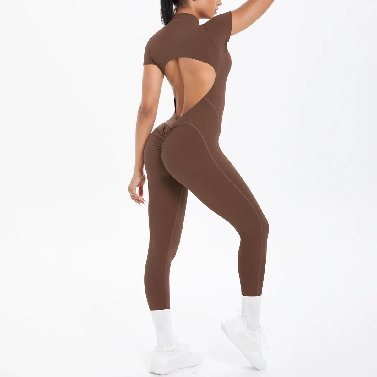 Short Sleeved Fitness Jumpsuit for Woman Bodysuits Backless Solid Color Scrunch One-Piece Suit Half Zipper Gym Yoga Sets Womens