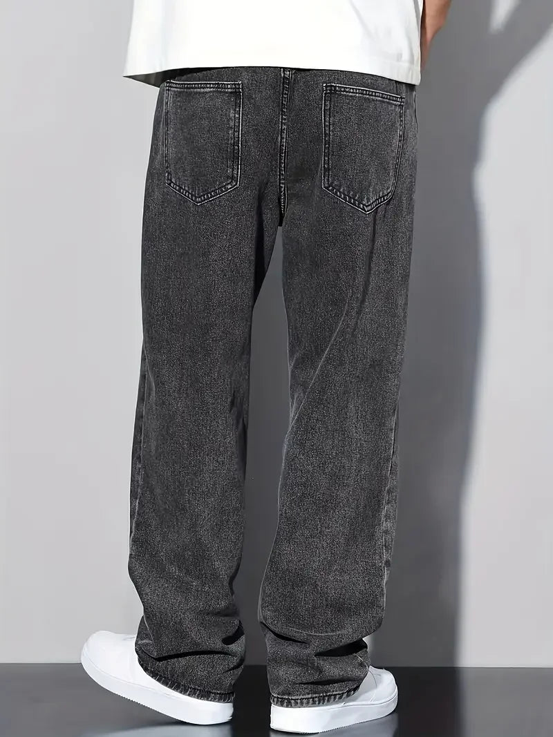 Streetwear Straight-Leg Jeans for Men, Fashionable Straight-Leg Loose-Fit Denim Pants