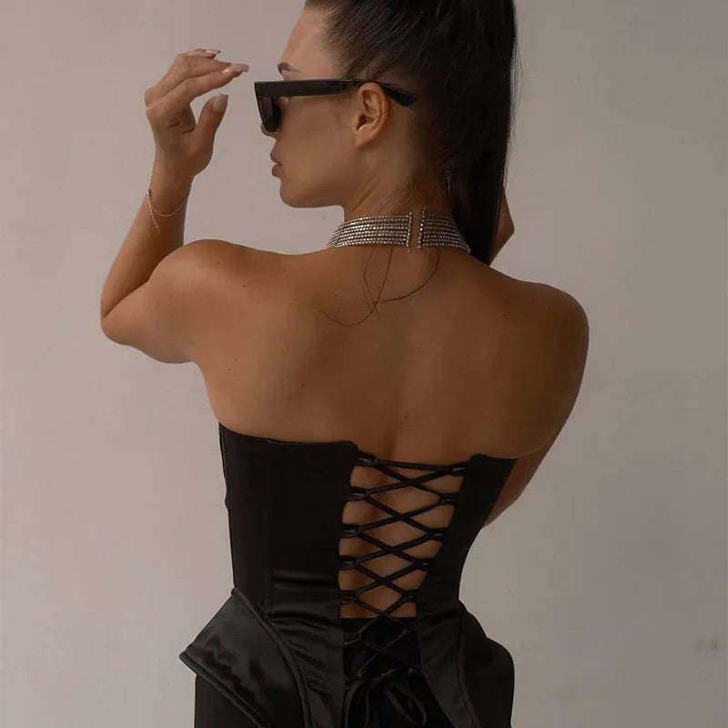 Sexy Fishbone Strapless Short Top Lady Chic Sleeveless Off-shoulder Backless Waist Cinching Blouse Women Vacation Party Tops