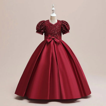Summer Sequin Bridesmaids Party Girl Dress Elegant Bow Wedding Princess Prom Kids Dress For Girls Gala Birthday Evening Costumes