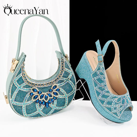Sky Blue Elegant Nigerian Rhinestone Wedding Shoe and Bag Set Italian Inspired High Heels and Matching Handbag