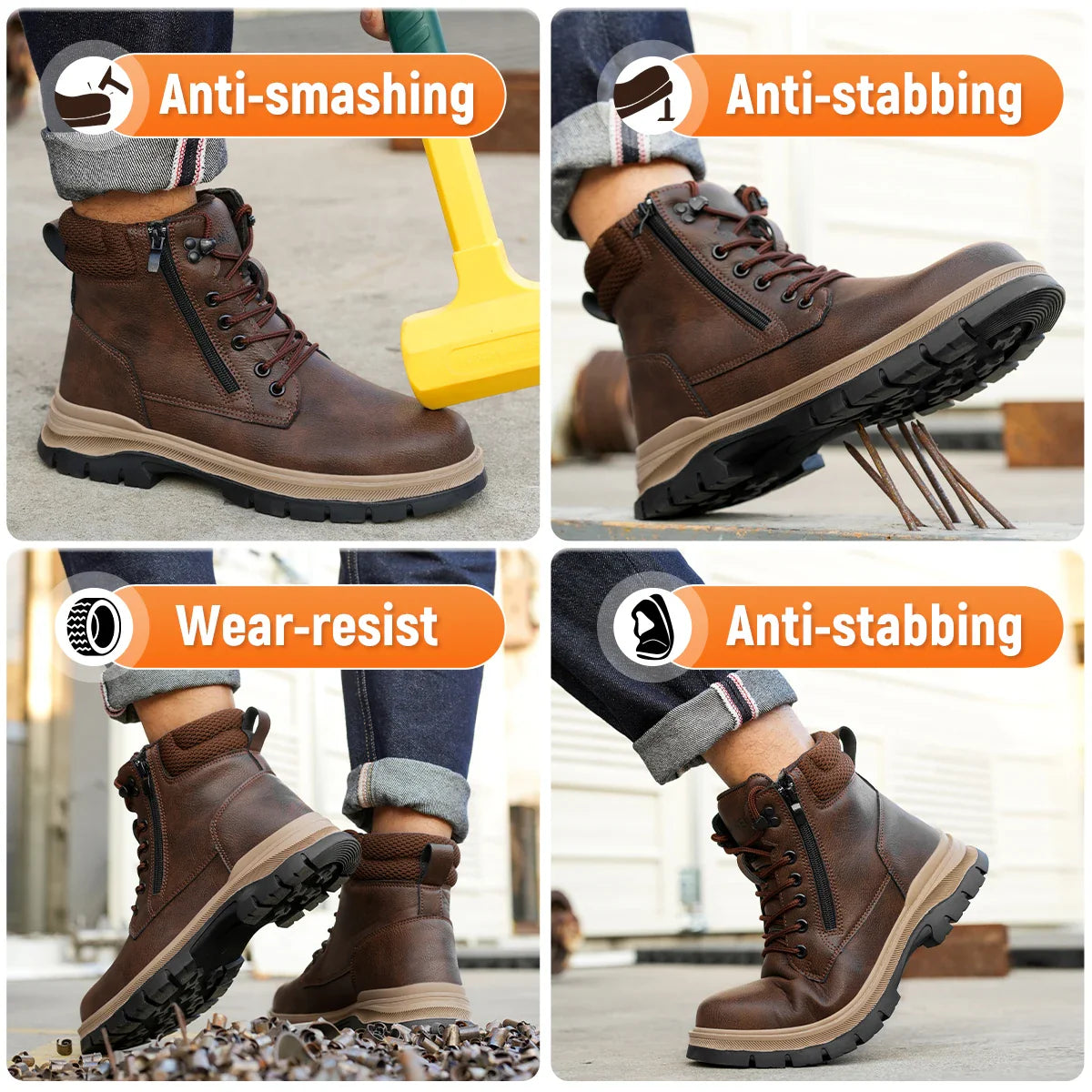 Men Work Boots Puncture-Proof  Waterproof Work Shoes Steel Toe Safety Boots Industrial Indestructible Boots Side Zipper Shoes