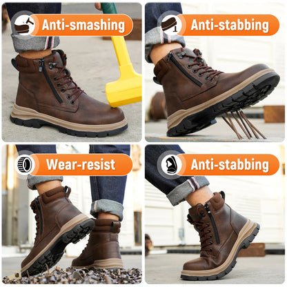 Men Work Boots Puncture-Proof  Waterproof Work Shoes Steel Toe Safety Boots Industrial Indestructible Boots Side Zipper Shoes