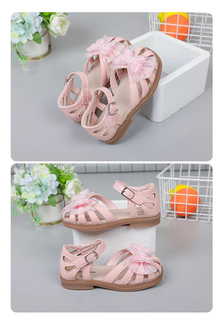 Shine Children Sandals for Girls Butterfly Cute Designer Kids Shoes Peep-toe Korean Style 2023 Summer New Soft Breatheable Chic