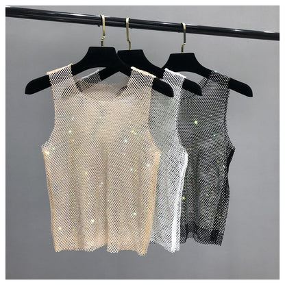 Crystal Beading Shiny Tanks Party Club Sexy Hollow Out Diamonds Stamping Camis Winky Sleeveless Vest