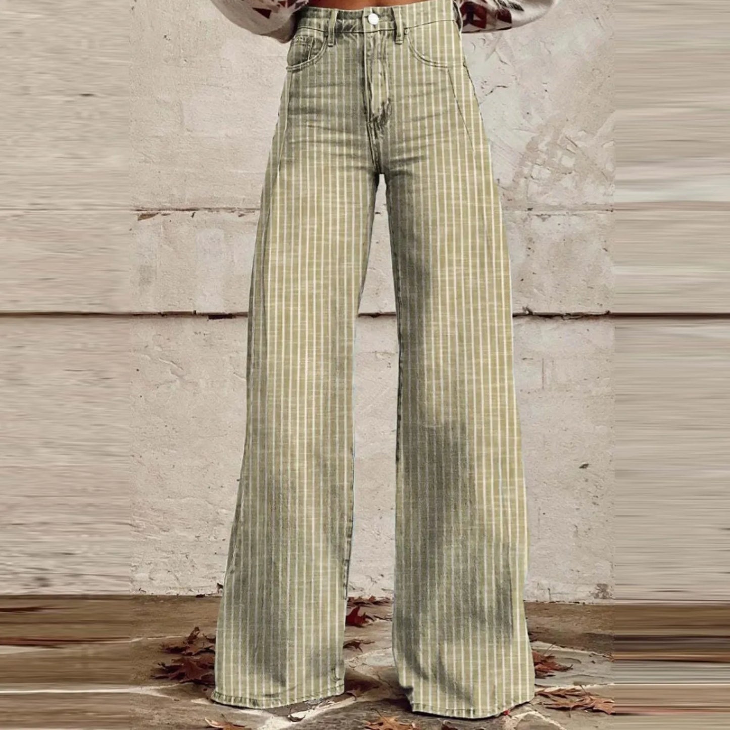 Trendy Color Striped Wide Leg Straight Denim Pants