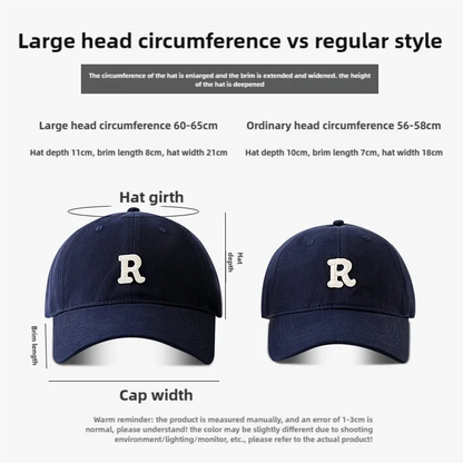 Large Head Circumference Baseball Cap Men's and Women's Dome Hat Soft Top Cap 60/65cm Sun Protection  Letter R Hat Adult Caps