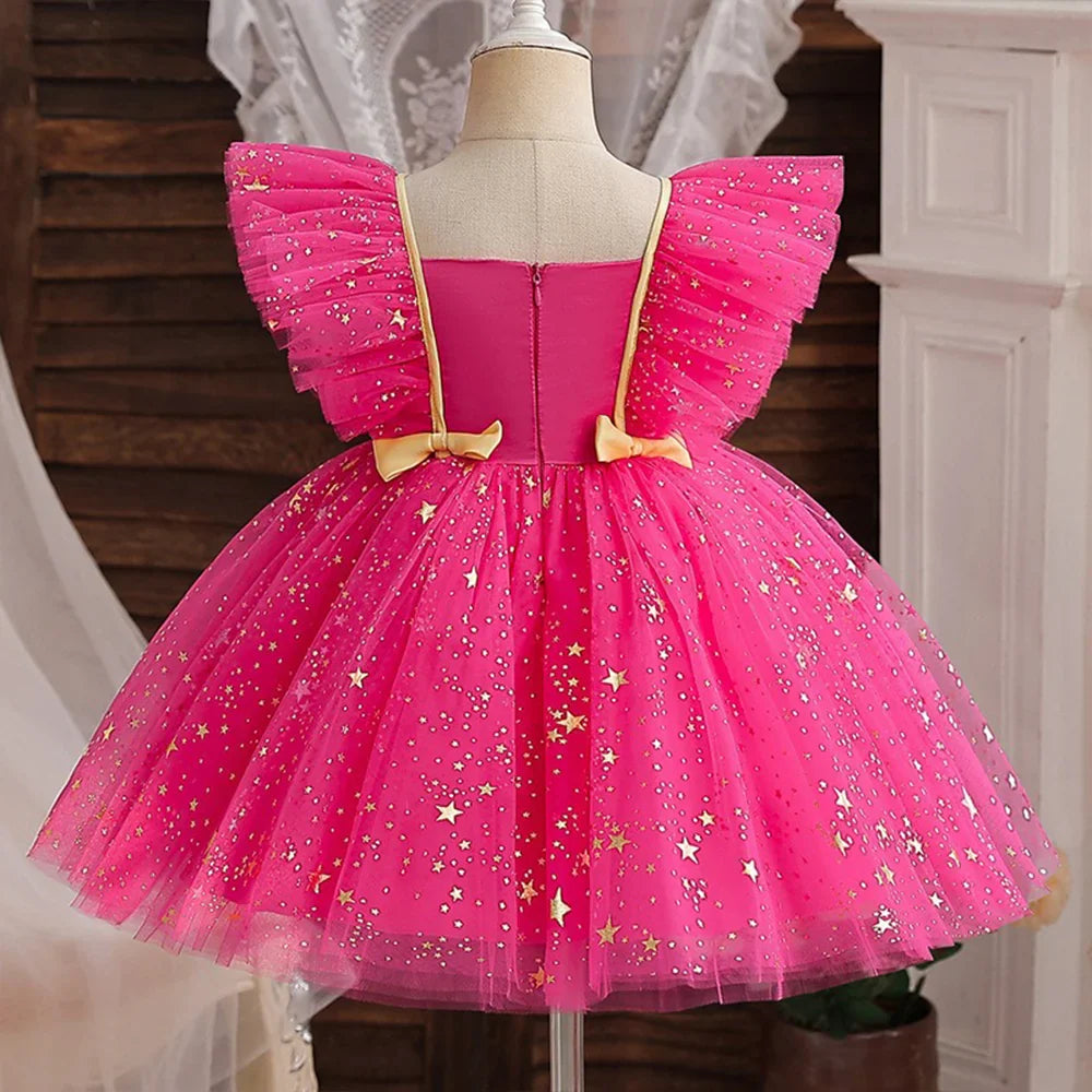 Princess Dress for Girls Sequined Star Ruffle Bow Tutu Gown Baby Formal Gala Prom Gown Kids Evening Party Costume