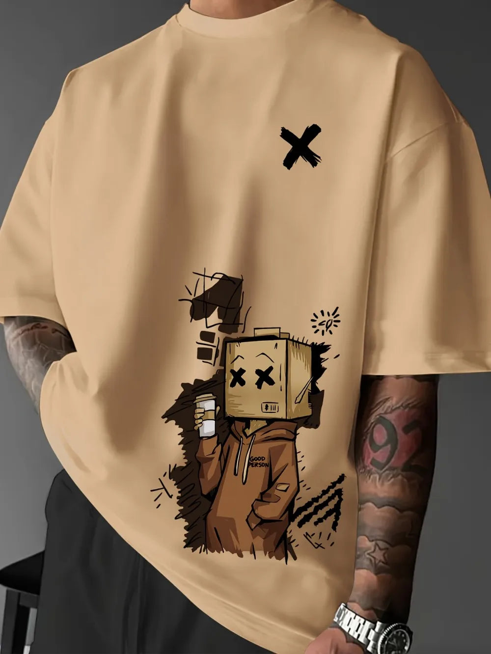 European and American Summer Men's Fashion Cartoon Graffiti Printed Comfortable Breathable Round Neck T-shirt Outdoor Street Top