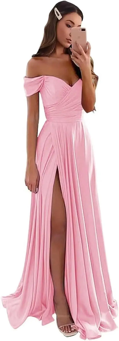 Women's Satin Prom Dresses Long Slit Formal Dresses Off Shoulder Evening Wedding Party Gowns Ruched Sweetheart Lace up Back