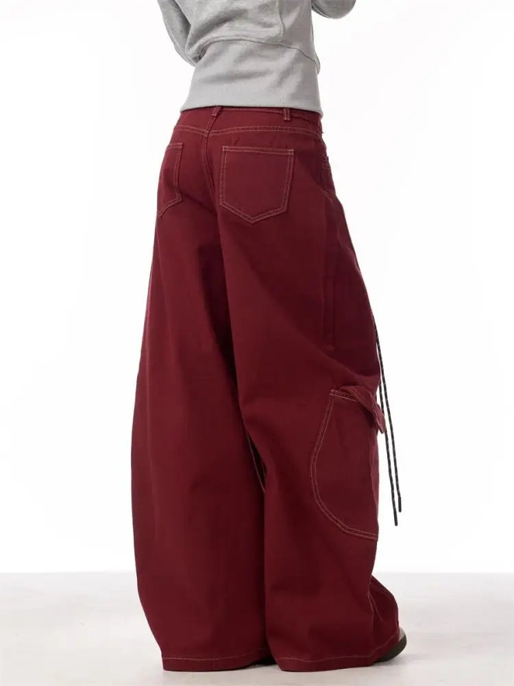 Cargo Red Casual Jeans Womens Workwear Pants Loose Straight Wide Leg Trousers Spring Korean Style Lazy Comfortable Chic