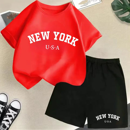 New York letter pattern boy and girl T-shirt+shorts 2-piece set