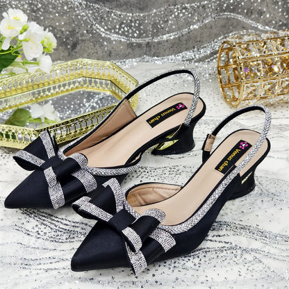 Shoes and Bag to Match Wine Colour Pointed-Toe Rhinestone Bow Party Women's High Heels