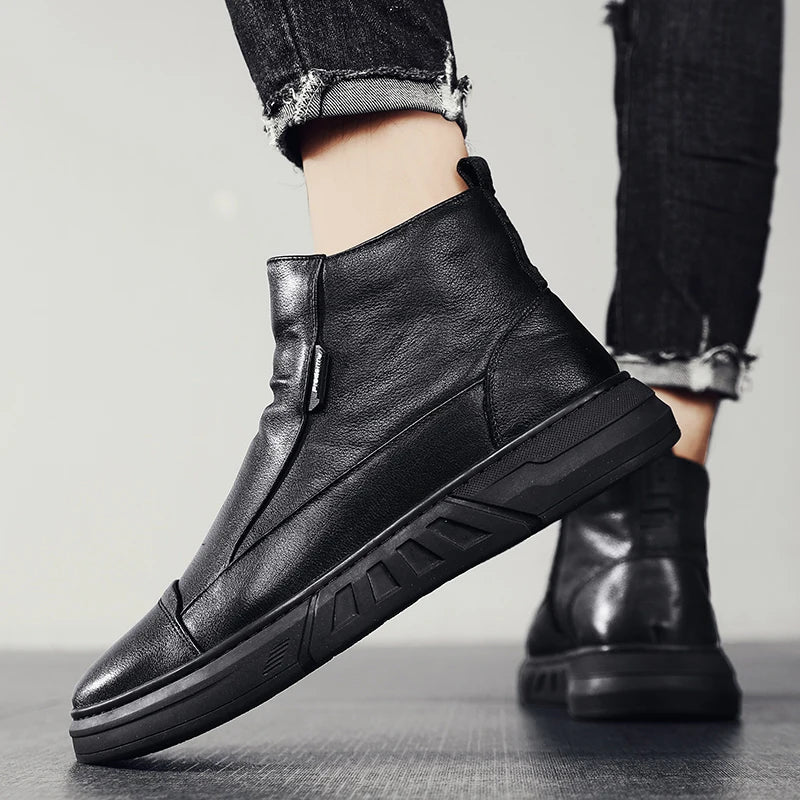 Winter Quality High Top Mens Leather Boots Zip Fashion Plush Warm Men Ankle Boots Soft Sole Male Casual Boots Platform Work Boot