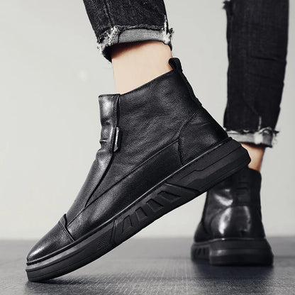 Winter Quality High Top Mens Leather Boots Zip Fashion Plush Warm Men Ankle Boots Soft Sole Male Casual Boots Platform Work Boot